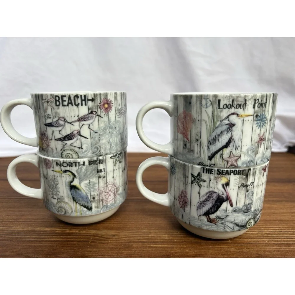 Pier 1 Coastal Nautical Mug Set w Metal Rack Beach Sea Bird Ceramic Cups